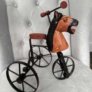 Vintage Hand Carved Wooden Horse Head Tricycle Toy ~ Rustic Doll Decor Seat